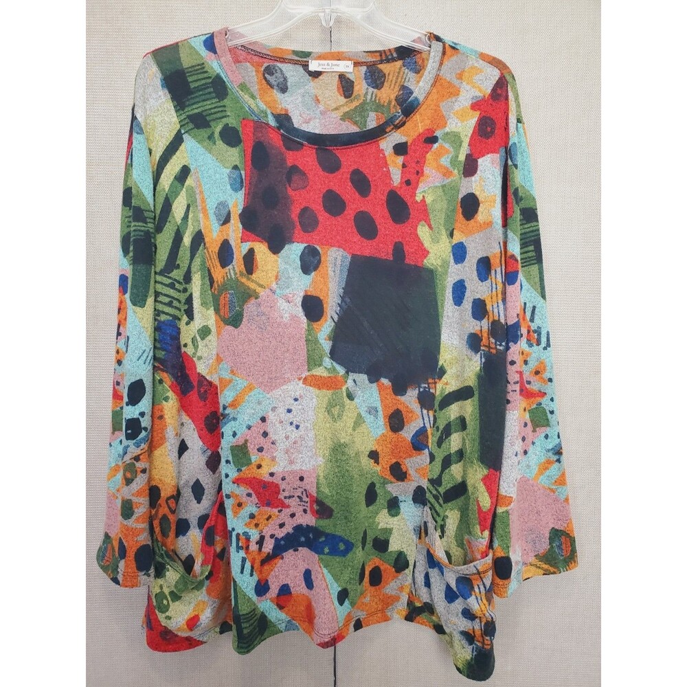 Jess & Jane "Pop Art" Brushed Patch-Pocket Long Sleeve Knit Tunic Size 2X Boho